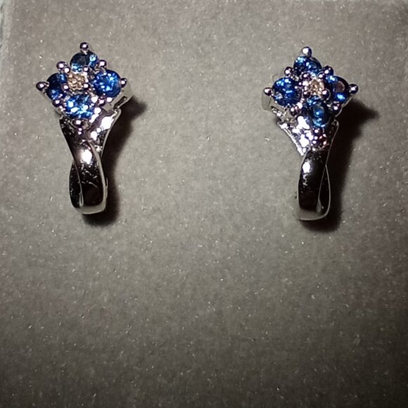 REDUCED!  10Kt White Gold Ceylon Sapphire & Diamond-Accent J-Hoop Post Earrings - Picture 3 of 6